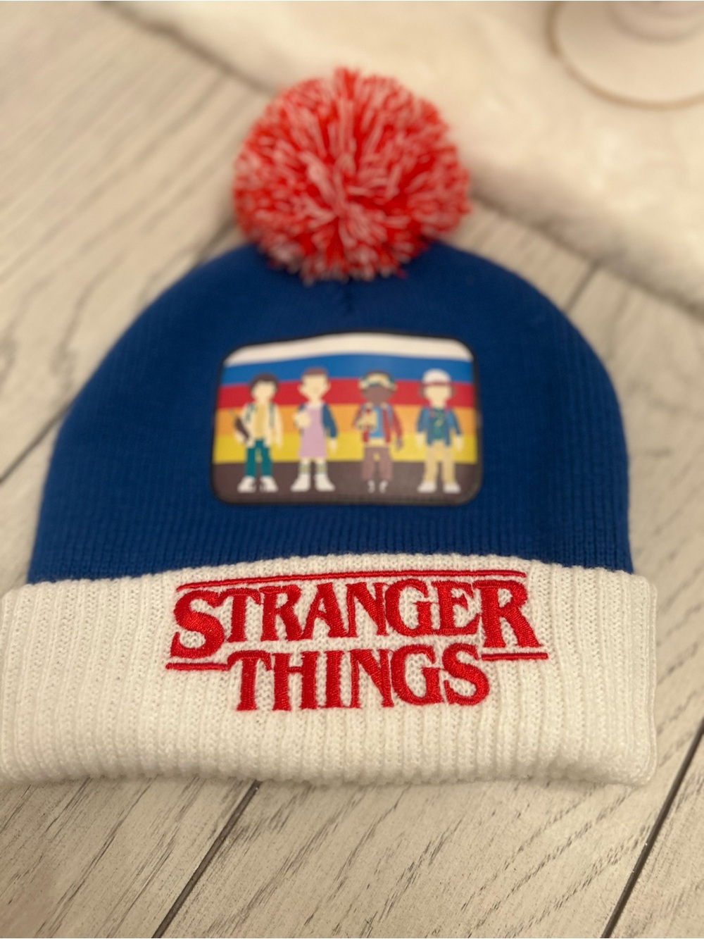 Netflix Stranger Things Blue White Red Pom Pom Beanie Hat